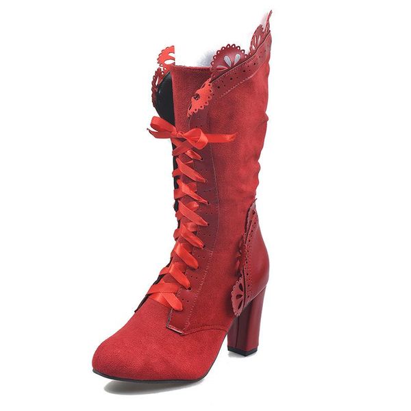 

boots 2021 women lace women's high heel middle tube botas zapatos mujer retro leather winter shoes booties cowboy, Black