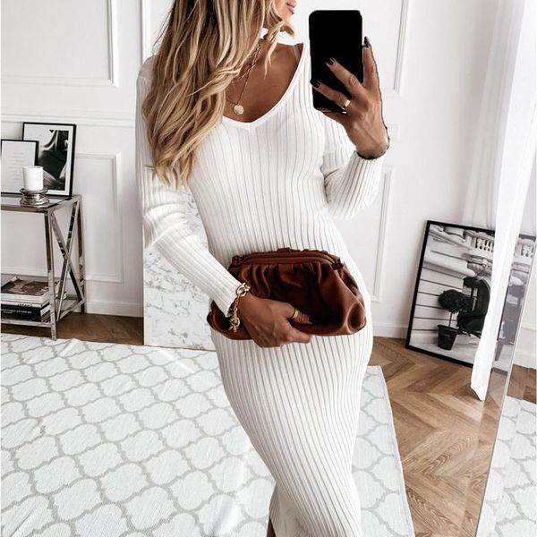 

casual dresses autumn women winter solid slim midi v-neck fashion long sleeve party bodycon ribbed knit dress sweater, Black;gray