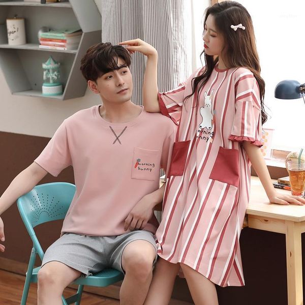 

men's sleepwear summer 100%cotton couple pajama sets short sleeve loose plus size -3xl lovers pajamas men pyjamas women nightgowns, Black;brown