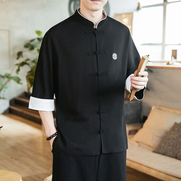

2021 new chinese style mens tang suit linen solid traditional kung fu clothes hanfu blouse shirt 12060, Red