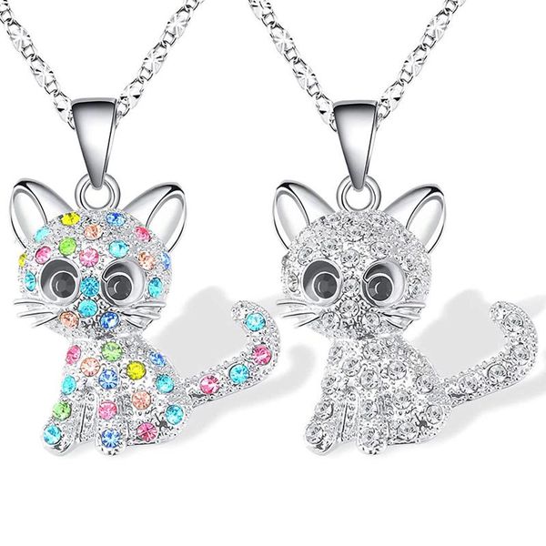 

pendant necklaces rhinestone crystal cat necklace for women children colorful quartz cute animal pendants jewelry gifts, Silver