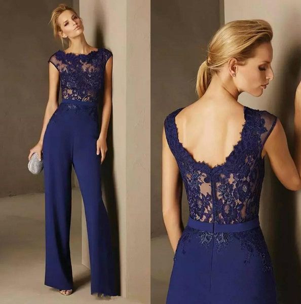 

elegant navy blue jumpsuit pant dresses evening wear 2021 see thourgh lace prom gown satin formal party dress chic robe de soirÃ©e mariage, Black;red