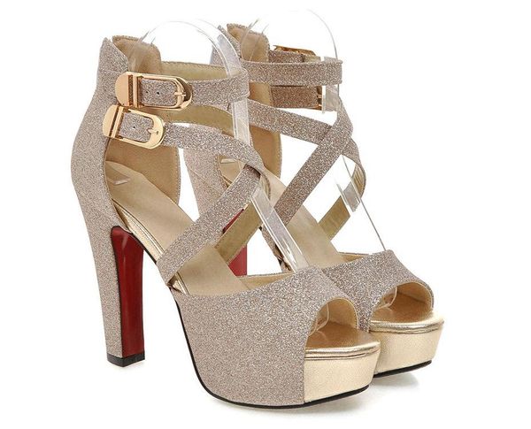 

sandals comemore casual women platform bling leather 12cm high chunky heel summer cross strap zipper gold wedding lady, Black