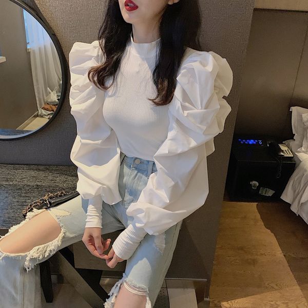 

korean fashion black pullovers half turtleneck long puff sleeve jumpers solid patchwork slim sweater women autumn new 210412, White;black