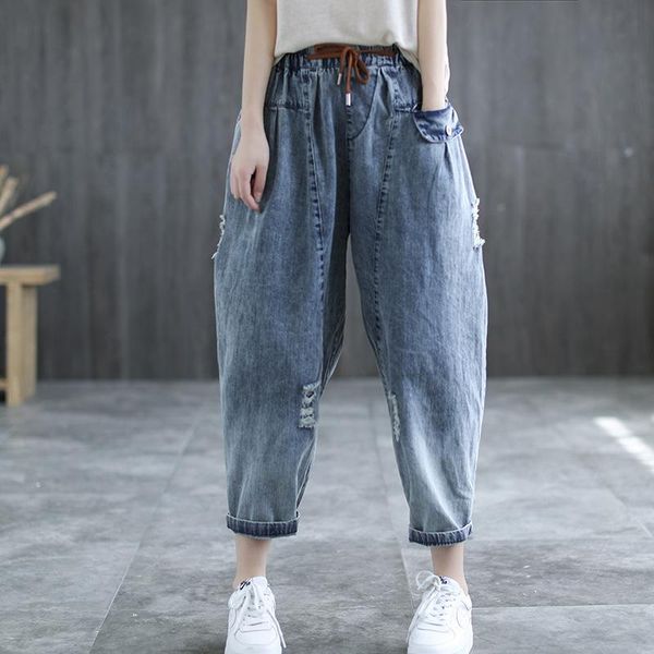 

women's jeans 2021 women summer retro loose casual trousers elastic waist drawstring hole denim pants, Blue