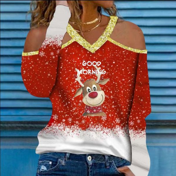 

women's blouses & shirts 45# for ladies plus size autumn christmas print v neck long sleeve pullover oversized blouse roupas, White