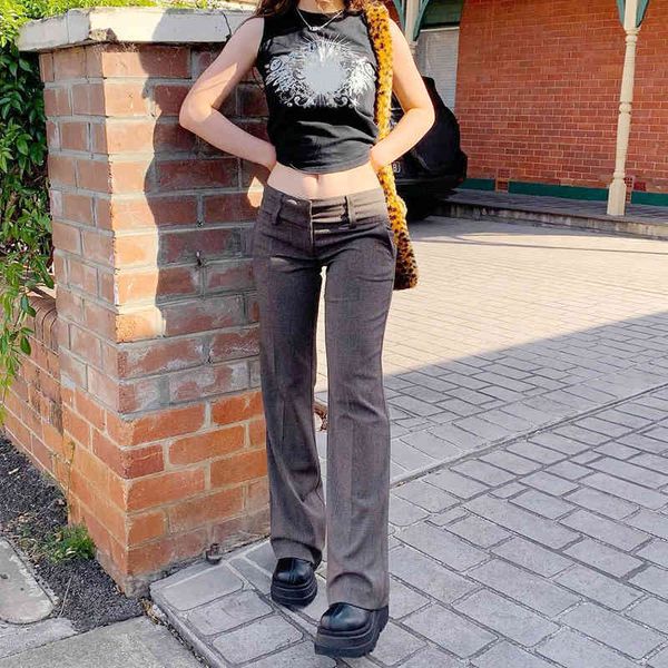 Braune Y2K-Hose für heiße Mädchen, weibliche Mode, neue Hit-Damen, klassische, gerade, niedrig taillierte Hose, Harajuku, Capris, Streetwear 210415