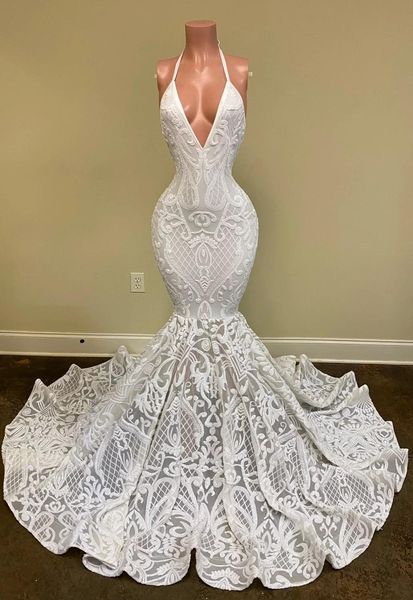 2021 Sexy Abiti da sera avorio Sirena Abiti profonda con scollo a V Halter Full Lace Sequins Prom Dress Senza Maniche Aperto Indietro Partito formale Secondo Abiti da reception