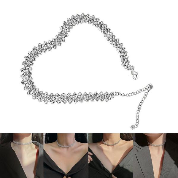 

chains party prom accessories row diamond necklace metal short chain rhinestone choker crystal for women|girls, Silver