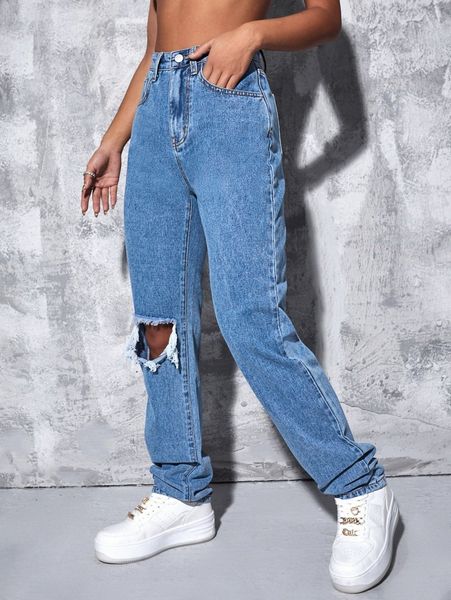 

high waist slant pocket ripped straight jeans i3rr#, Blue