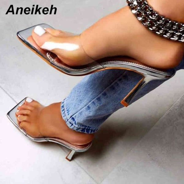 

transparent pvc slides peep toe high heel slippers summer fashion slip on thin heels women mules size 42 210507, Black