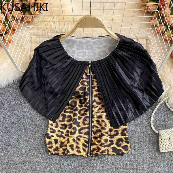 

summer turn-down collar contrast color leopard blouse shirt zipper slim korean womens 6j593 210603, White