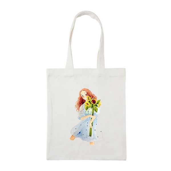 

shopping bags sunflower girl cute canvas printed tote woman shopper shoulder type reusable folding fashion bag cotton