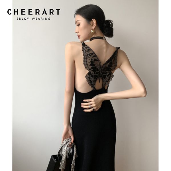 

backless butterfly elegant long dress women summer spaghetti strap black bodycon ladies midi night club 210427, Black;gray