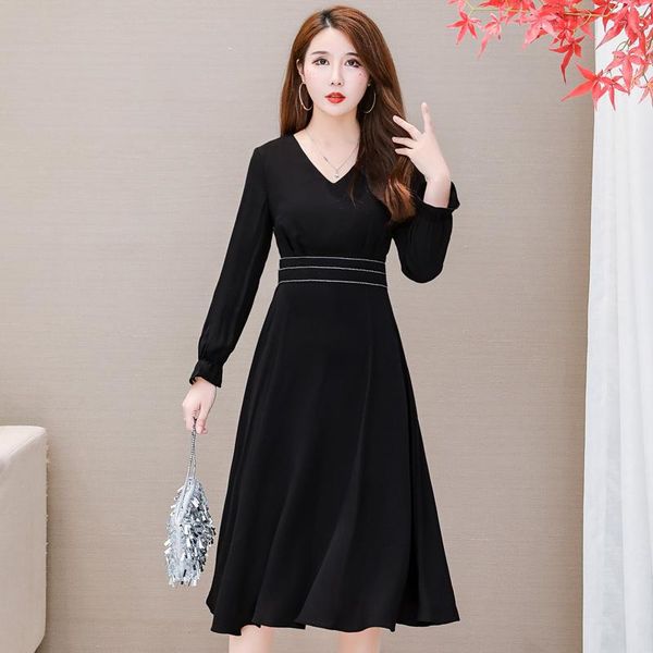 

casual dresses coigarsam women dress autumn 2022 office lady long sleeve solid chiffon high waist zipper v-neck black robe, Black;gray