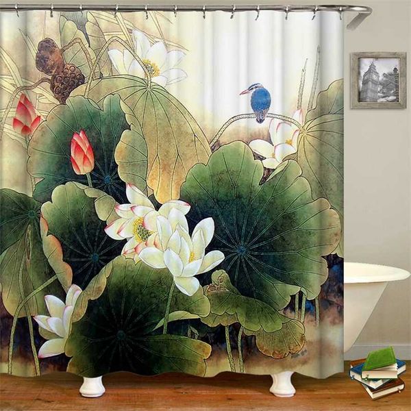 Китайский стиль цветы птичьего пейзажа водонепроницаемый душевой занавес ванна для ванны 3d печатная ванная комната с крючками моющиеся ткани экрана 211116