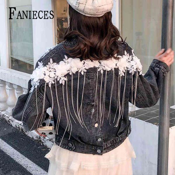 Mulheres Bordado Borla Pérola Bead Curto Denim Casaco Feminino Manga Longa Lantejoula Lantejoula Jean Jacket Drop 210520