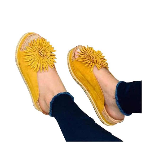 

women elegant flower slip on sandals beach comfy boho sunflower platform slippers open toe shoes pu leather pr sale, Black