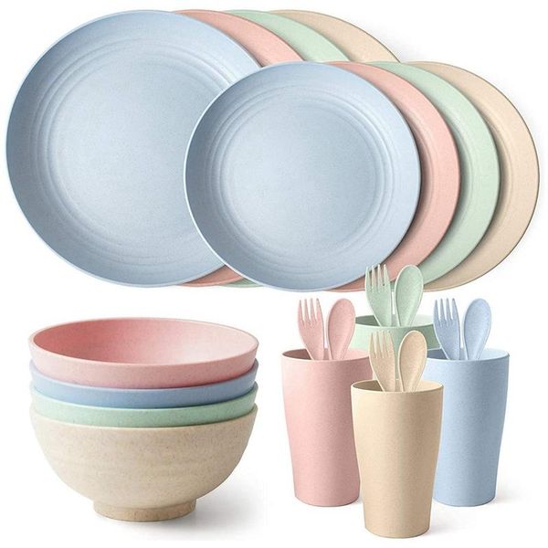 

dishes & plates 24 pcs wheat straw dinner set, lightweight unbreakable dinnerware service to picnic party bbq wedding camping