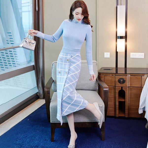 

two piece dress slim sweater skirt set women autumn winter turtleneck knitted + plaid suit office lady matching a277, White