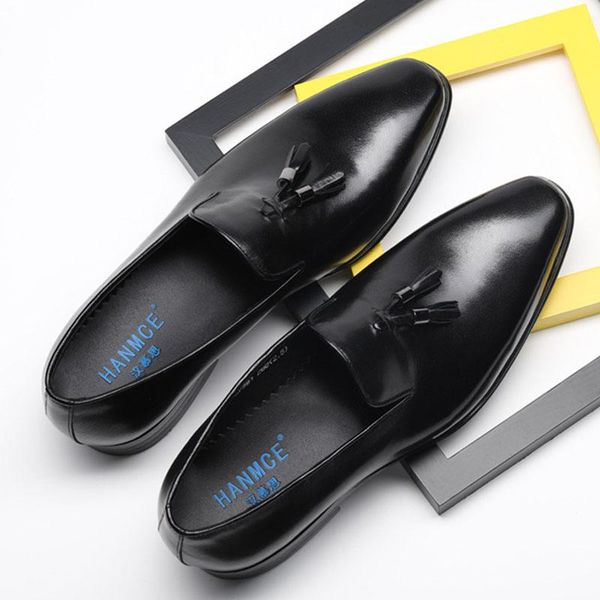 

dress shoes men italian genuine leather fringe decoration loafers mens pointed toe slip on waxing process oxfords wedding f31, Black
