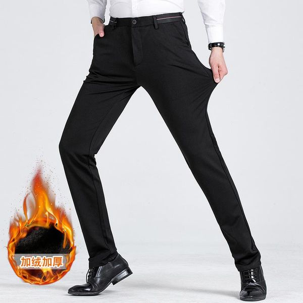 

men's pants 2022 winter casual straight business stretch fleece padded warm, Black