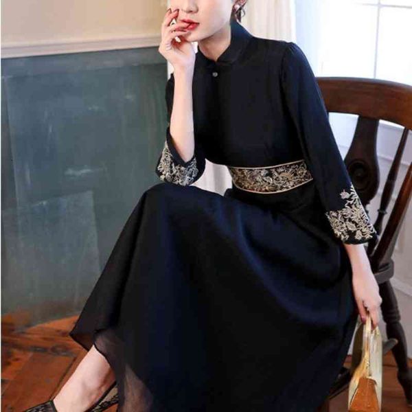 

casual dresses retro black midi women long sleeve vintage elegant party autumn cheongsam korean fashion 821k, Black;gray