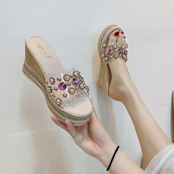 

female slippers summer fashion crystal casual women shoes for beach roman vintage retro platform 5593, Black