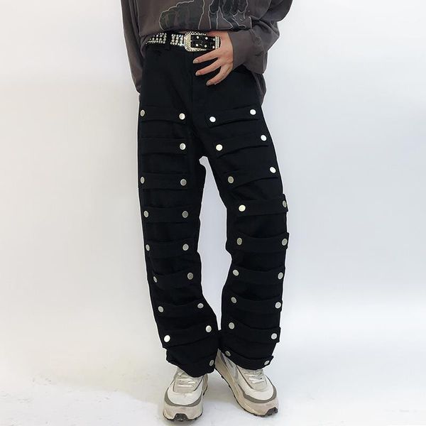 

men's pants rivet decorate detachable cross vibe style mens trousers harajuku straight retro casual oversized loose track streetwear, Black