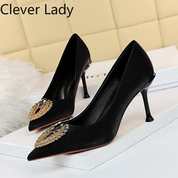 

clever lady 8cm high heels elegant womens shoes pumps crystal decro silk pointed toe stilettos party ladies wedding dress, Black