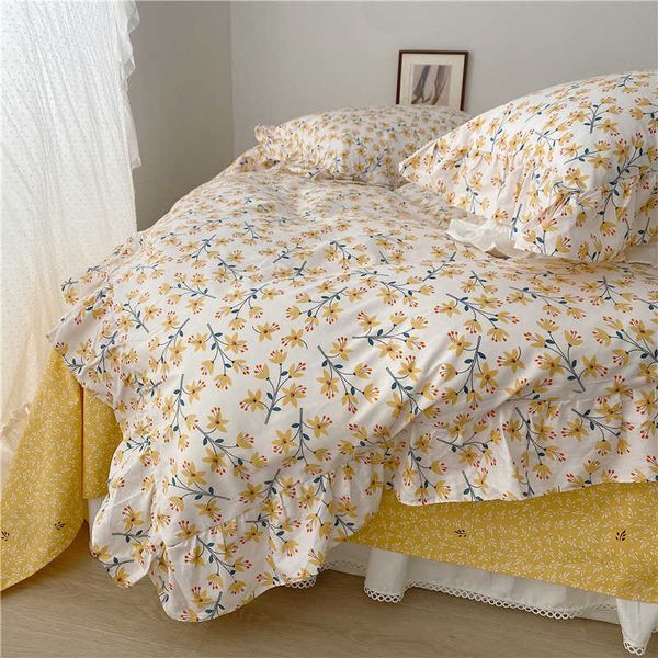 

oil painting field small broken flower bed four piece set of pure cotton girl flounce quilt cover all cotton bedding
