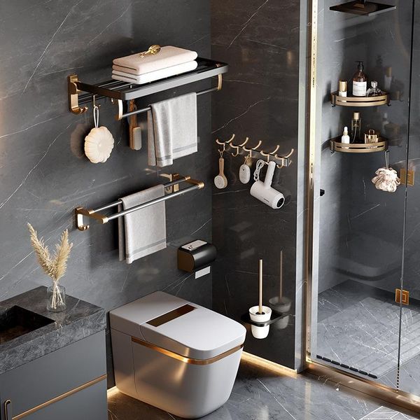 

bath accessory set luxury bathroom accessories hardware space aluminum towel rack black gold shelf punch-storage with hook