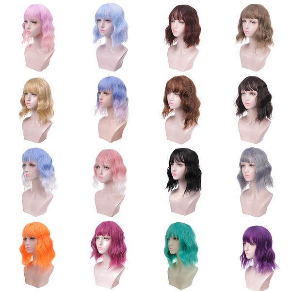 

synthetic short water wave hair mixed purple and pink wigs cosplay curly wig for women daily bob wig, Black