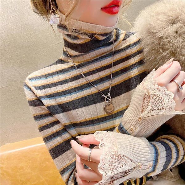 

women's sweaters lace turtleneck sweater design sense niche 2021 fall/winter pile collar striped bottoming shirt for women, White;black