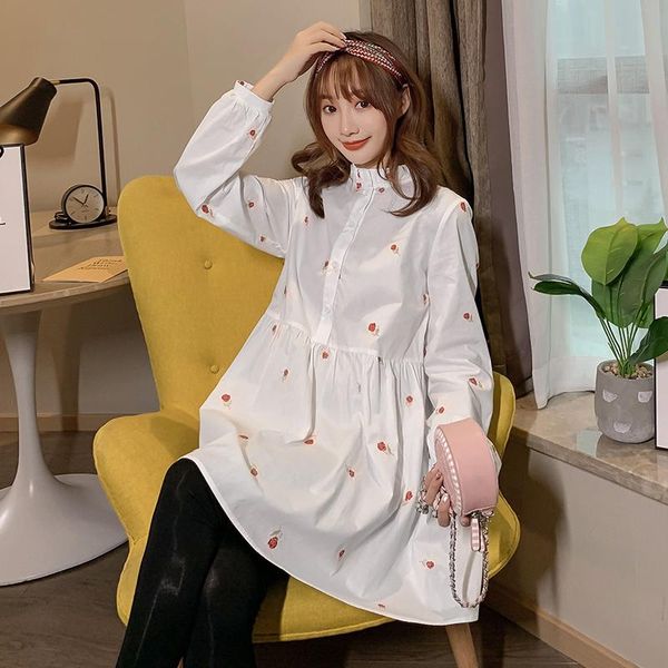 

maternity dresses 9011# clothes spring autumn embroidery cotton long sleeves loose stylish dress for pregnant women mom, White