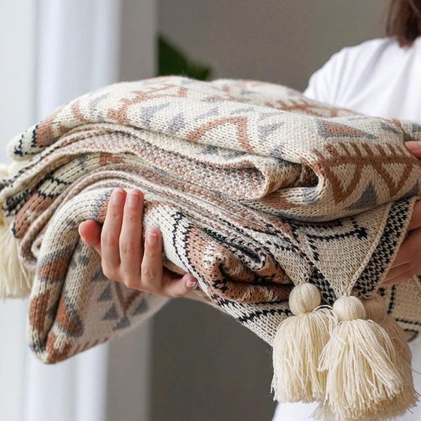 

blankets boho decor knitted woolen blanket shawl acrylic jacquard napping sofa decoration throw for couch beds winter