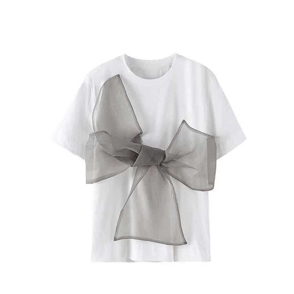 

summer short-sleeved white o neck t-shirt women loose slim jacket bow 210615