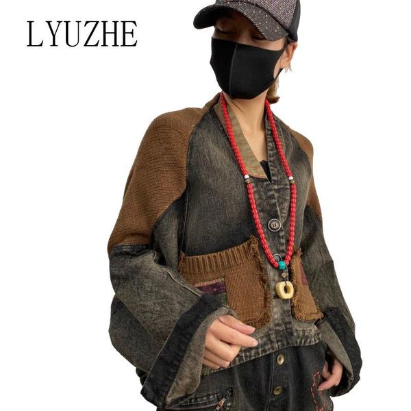 

women's jackets lyuzhe women denim jacket 2021 knitted patchwork female batwing sleeve vintage style zqy077d, Black;brown