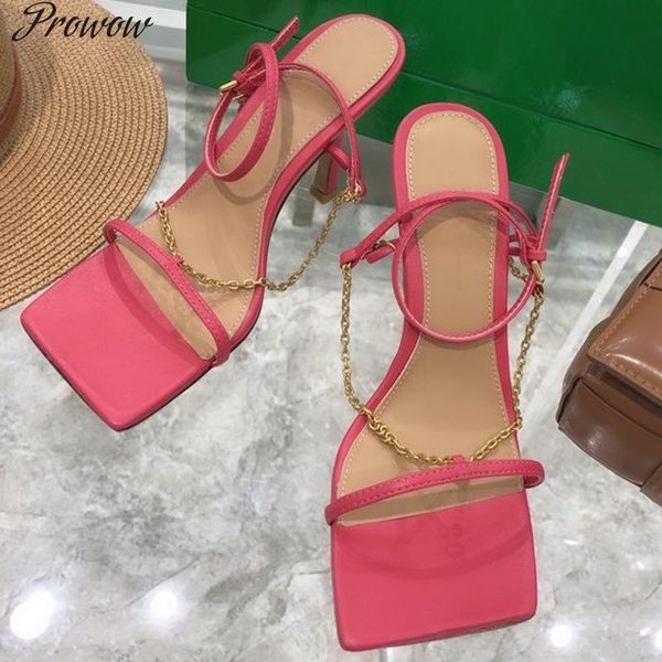 

sandals prowow luxury chain suqare toe summer brand design high heel women shoes fashion buckle strap female sandal, Black
