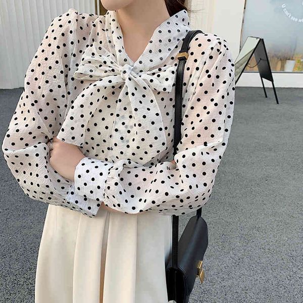 

elegant women polka dot blouses formal office lady bow tie long sleeve shirts fashion puff sleeve chiffon blouses 210515, White