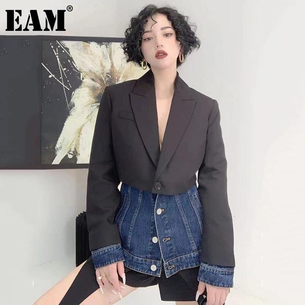 

women's suits & blazers [eam] women black denim spliced long blazer lapel sleeve loose fit jacket fashion tide spring autumn 2021 1de15, White;black
