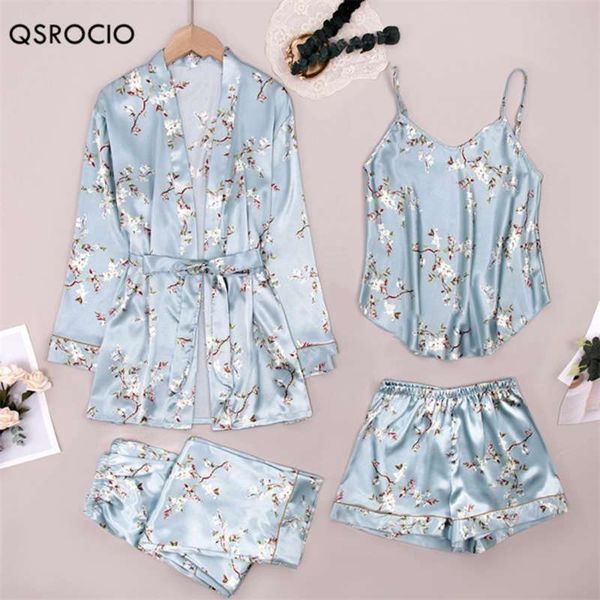 QSROCIO Высокое качество Женская пижама 4 частей набор старинные синий цветок пижама шелкография как досуг домашняя одежда слинг топ халат 210928