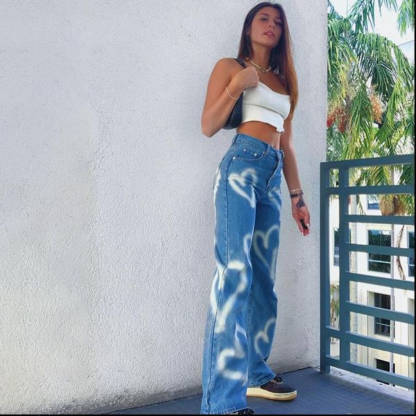 

heart pattern blue jeans womens pants denim y2k vintage autumn harajuku straight high waist full length trousers, Black;white