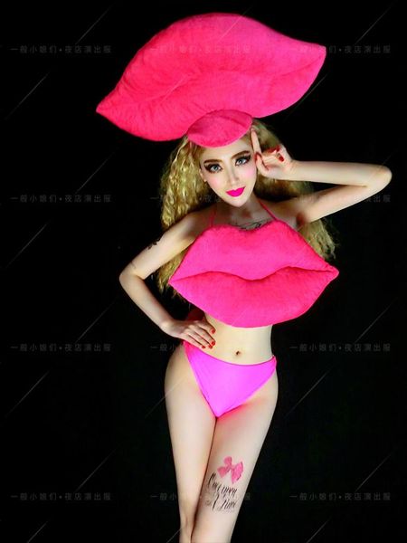 

two piece dress 2 3 crop set women nightclub female singer big lips fluorescent pink costume bar party rave outfit performance, White
