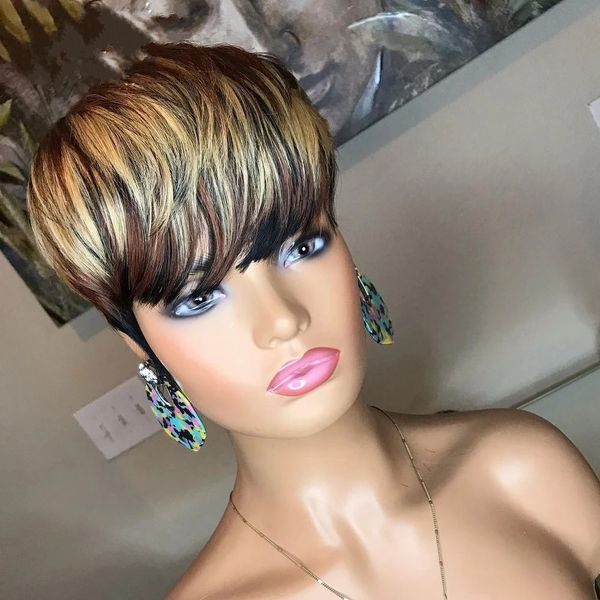 

short pixie cut bob ombre blonde brown/black human hair wavy wig no lace front brazilian wigs for black women 150% density, Black;brown