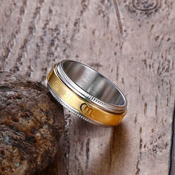 

men rings stainless steel tibetan gold rotating blessing ring sanskrit buddhist mantra lucky jewelry, Silver