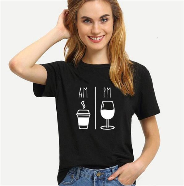 

am coffee pm wine letter womens t shirt print short sleeve o neck loose summer ladies tee clothes mujer, White