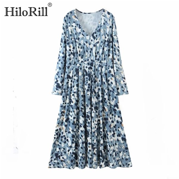 

v neck print long dress casual loose pleated sleeve lady fashion maxi es autumn spring vestidos largos 210508, Black;gray
