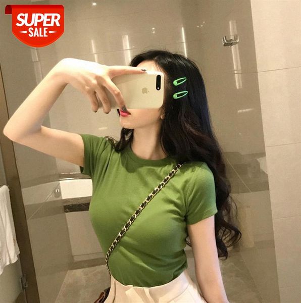 

avocado green t-shirt women short korean style ins slim cotton short-sleeved suit #569z, Black;gray