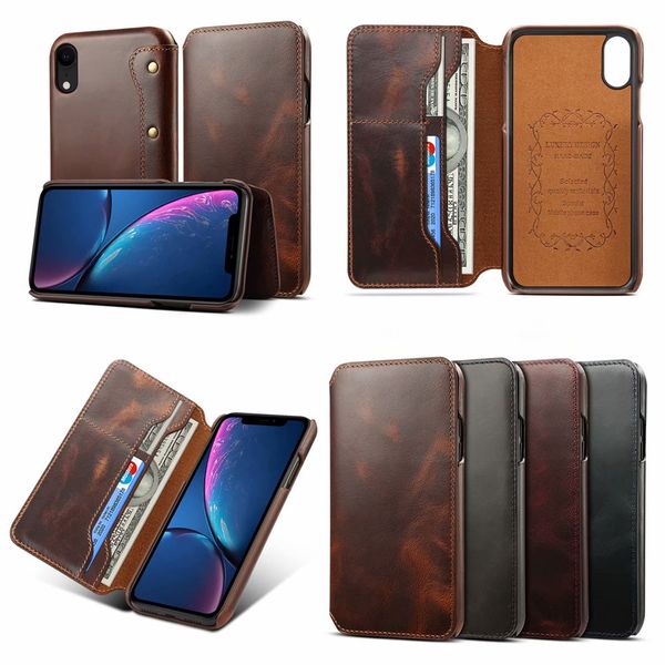 Casos de telefone celular luxo negócio de couro genuíno para iphone 11 12pro xs max xr 8 7 6s 6plus se 2020 flip carteira de cera pele pele saco capa